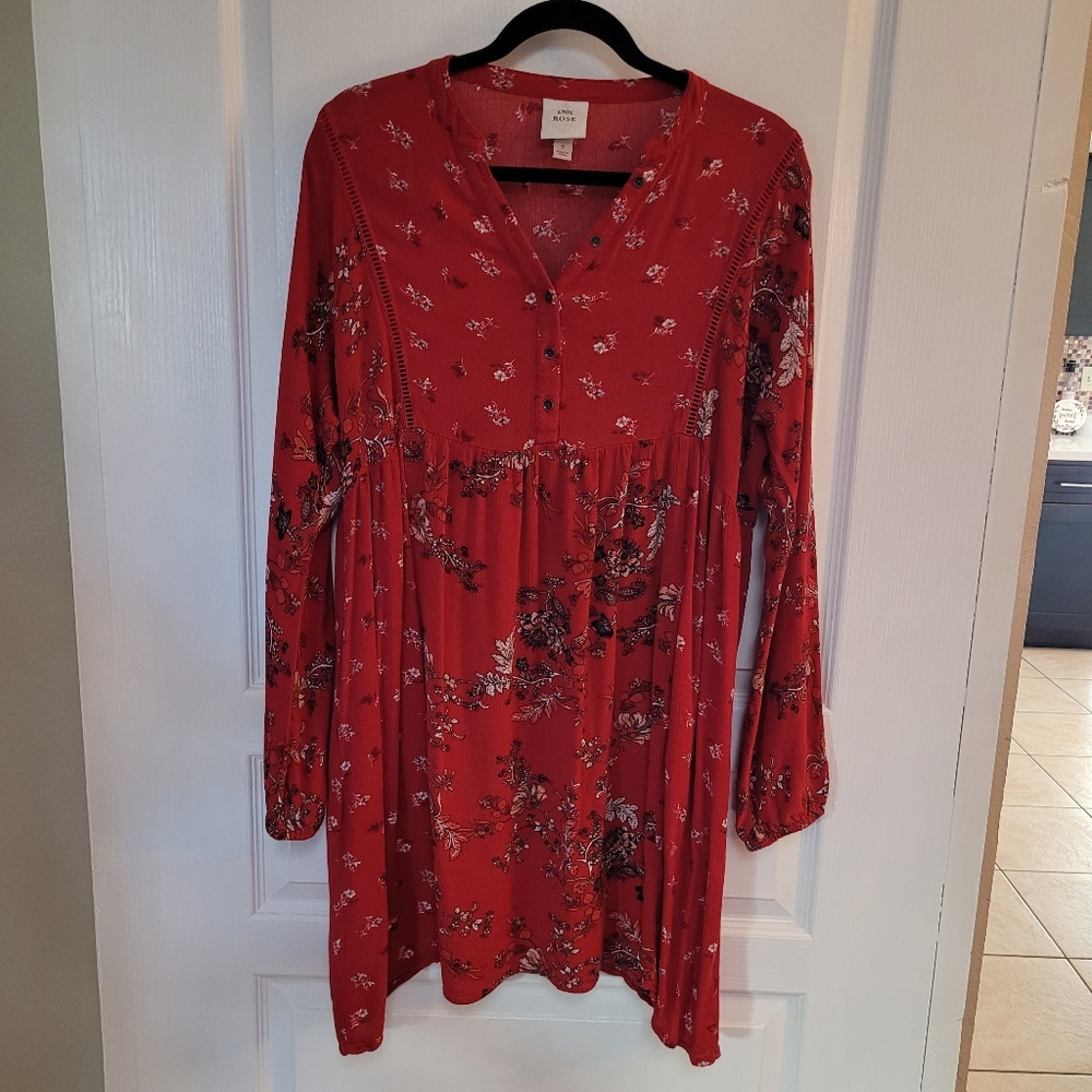 Knox Rose Dress Sz S  Red Long Sleeve Boho Hippie Empire Wst Pockets EUC